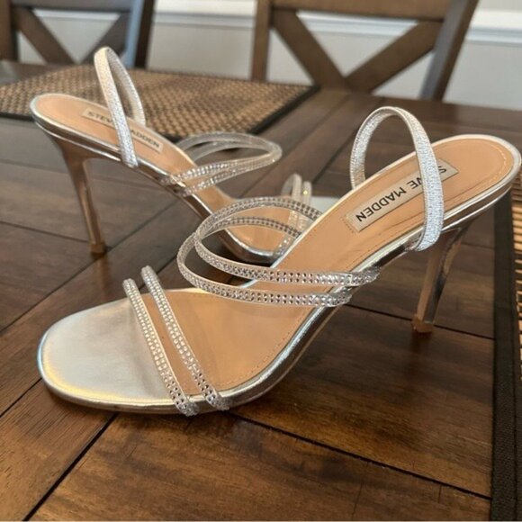 Steve Madden Silver Rhinestone Clear Strap Heels Size 8.5 Elegant Party Sandals - Picture 3 of 11